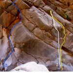 From right to left: "Small head, big bear" 7a "Pressknödel" 5b, "Mr. Airport" 6a, "The crazy pianist" 5c "Session" 6a
